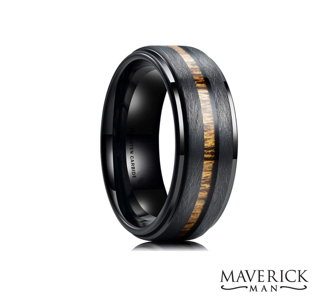Black tungsten steel ring with wood insets