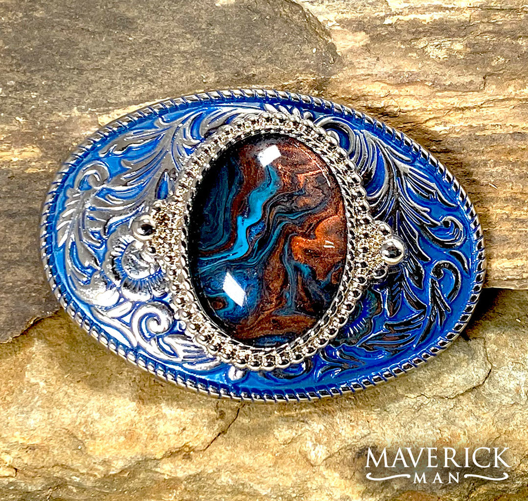 Handsome copper blue and black hand painted stone on blue buckle