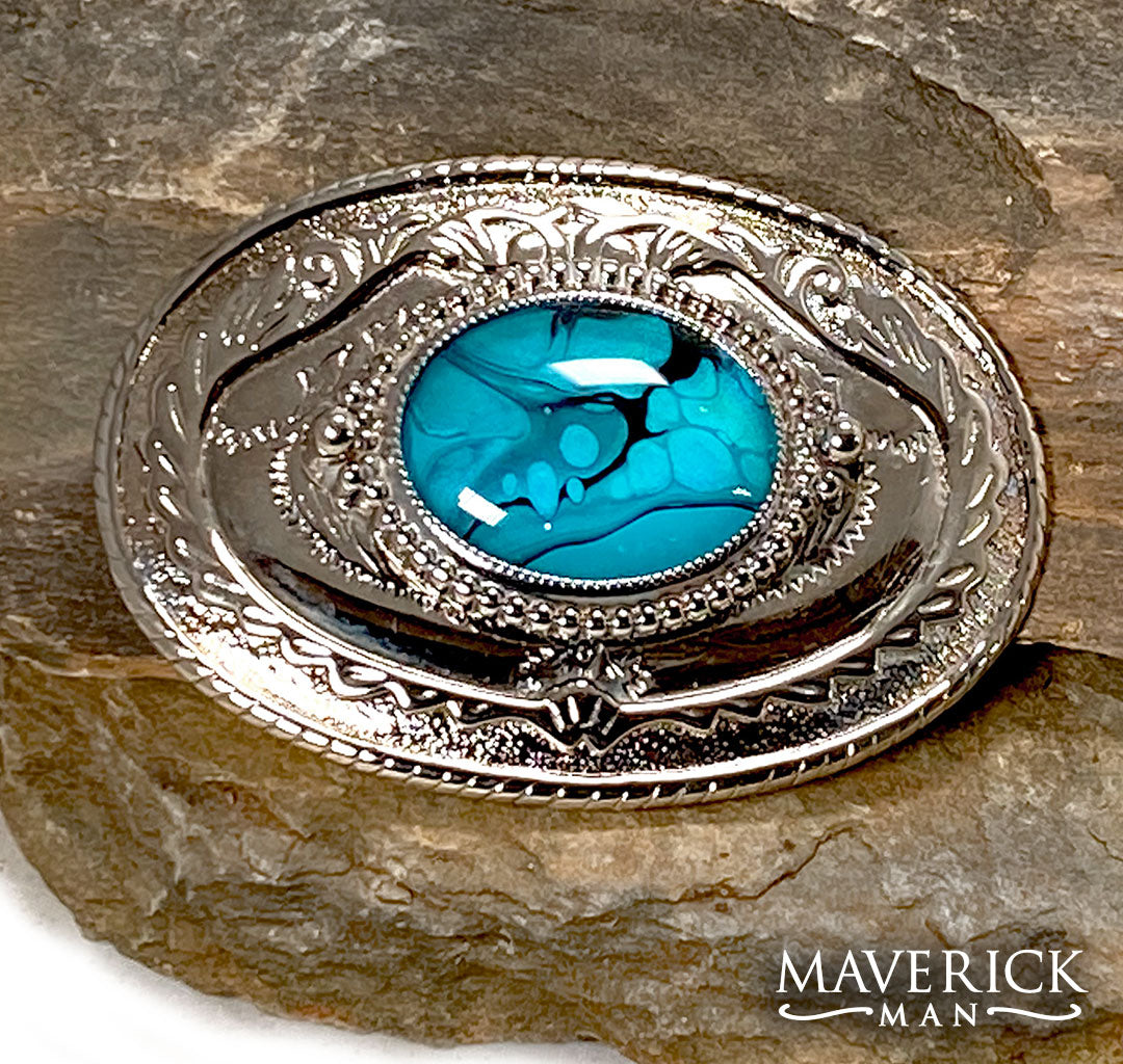 Larger silver tone belt buckle with hand painted turquoise stone