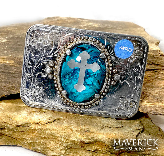 Vintage silver tone cross belt buckle with hand painted turquoise stone