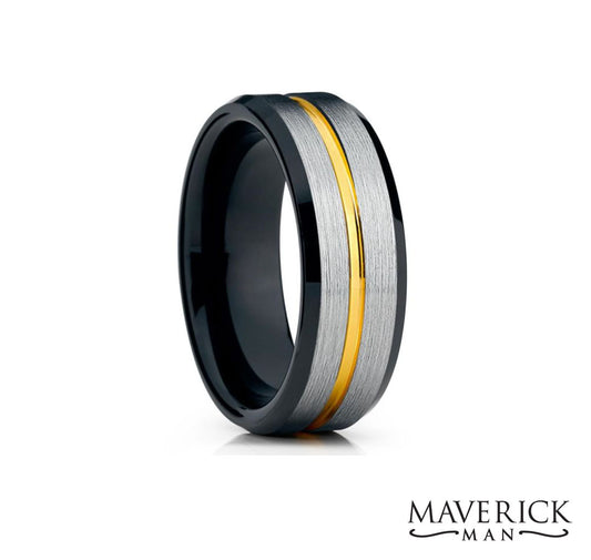 Black tungsten steel ring with gold inset on polished steel