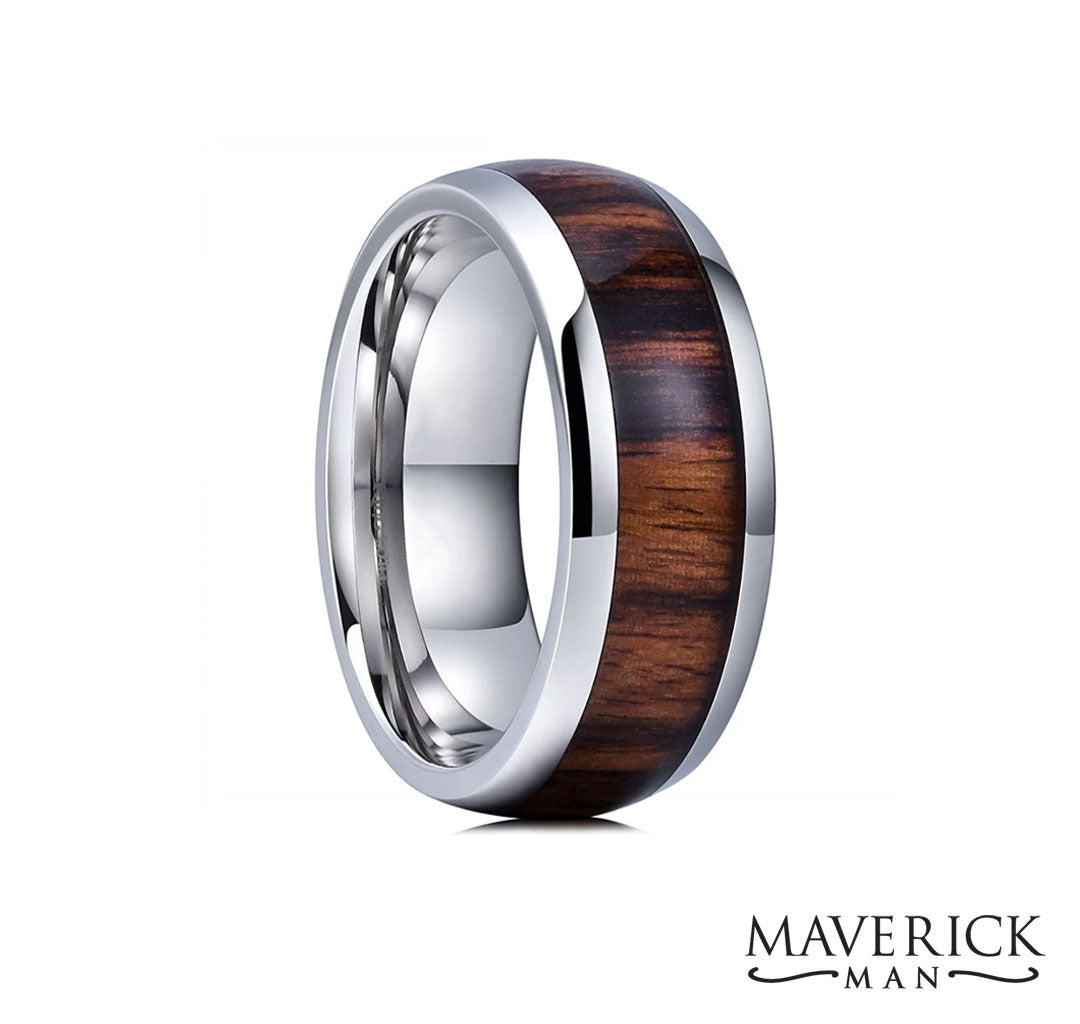 Hawaiian wood inlay in polished stainless steel ring