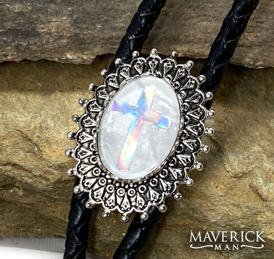 Small Christian bolo on white stone with holographic cross