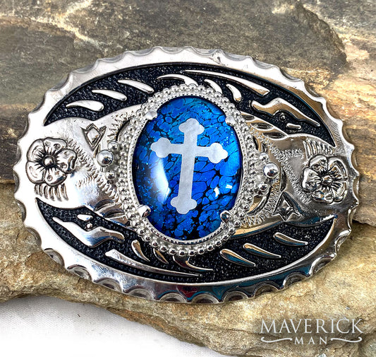 Large belt buckle with silver cross inlay on hand painted stone