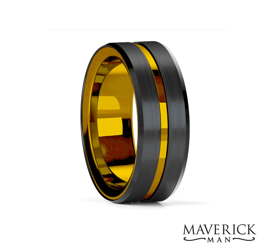 Black tungsten steel ring with gold inset