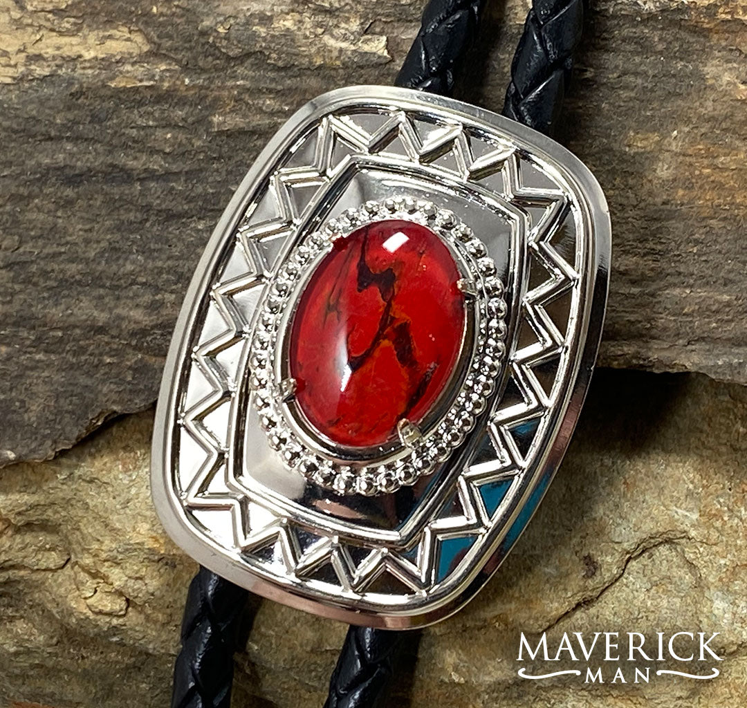 Modern silver bolo with red hand painted stone