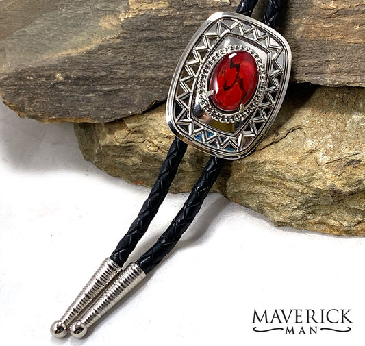 Modern silver bolo with red hand painted stone