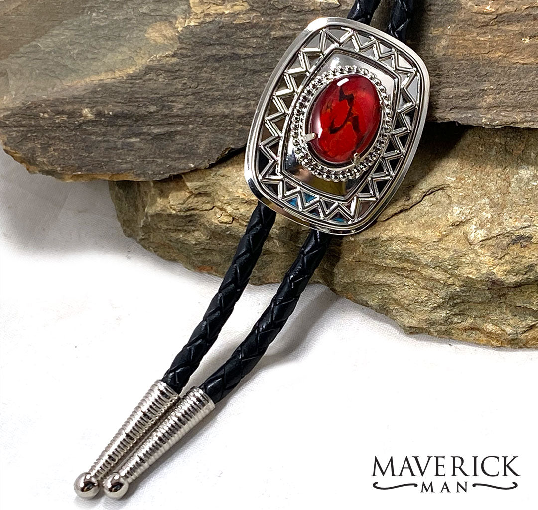 Modern silver bolo with red hand painted stone