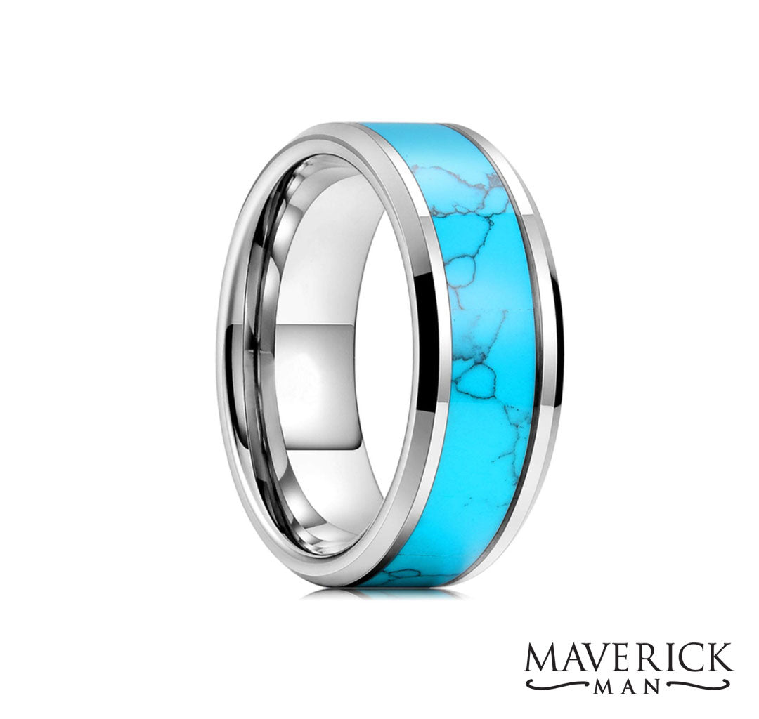 Polished stainless steel band with turquoise blue stone