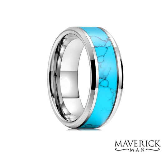 Polished stainless steel band with turquoise blue stone