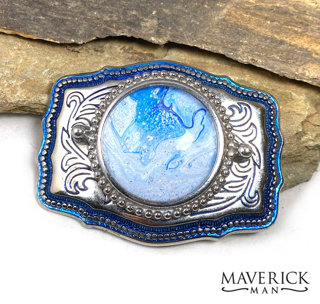 Fabulous hand painted stone in blue and silver buckle