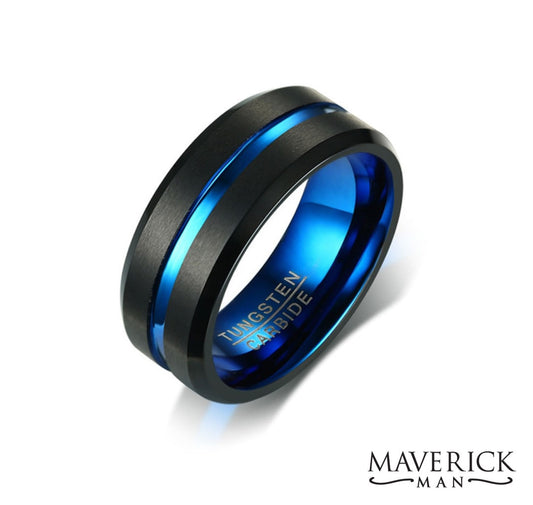 Black tungsten steel ring with brushed steel finish and blue accent