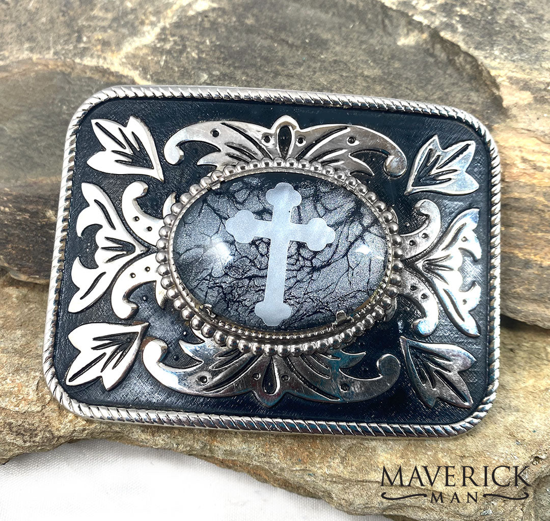 Large black and silver buckle with cross inlaid hand painted stone