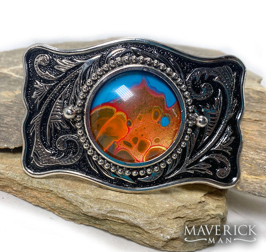 Eye-catching southwestern colors in black and filigree buckle