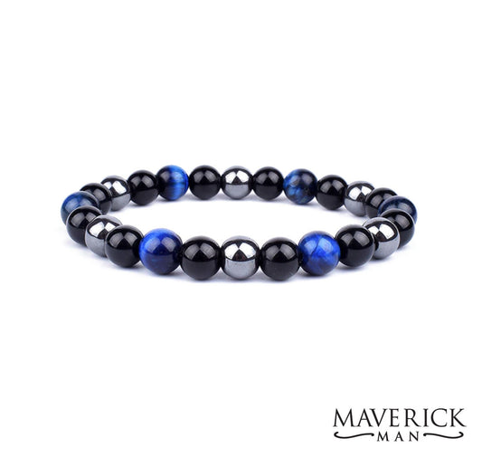 Blue Tiger Eye Beaded bracelet with polished obsidian and hematite