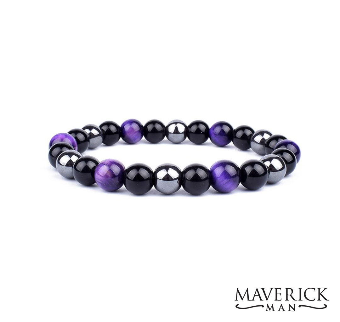 Purple Tiger Eye Beaded bracelet with polished obsidian and hematite