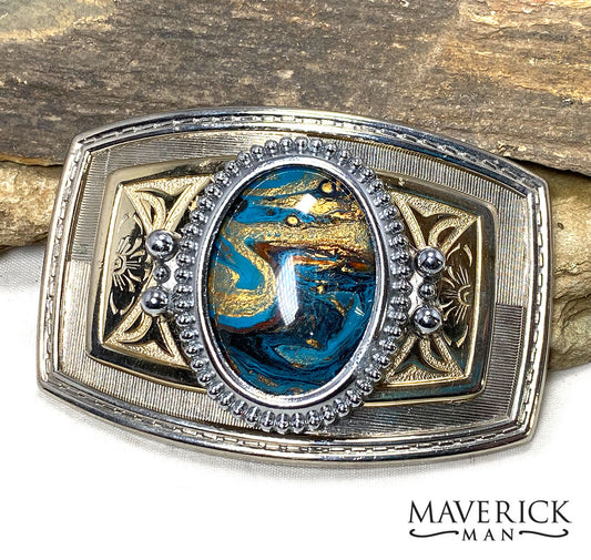 Hand painted blue and gold stone in champagne and silver vintage buckle