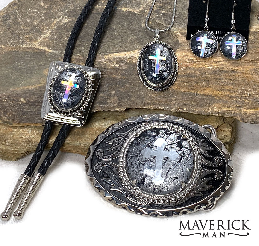 Smaller black and gray bolo with holographic cross - set available