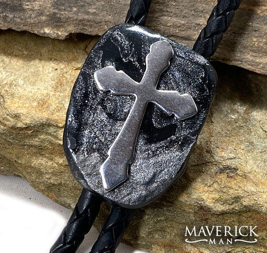 Small Christian bolo in black and platinum on slate w stainless steel cross