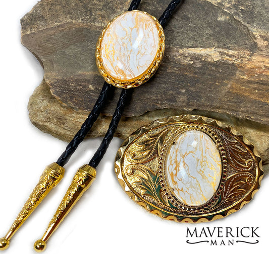 Gold filigree buckle with hand painted white and gold stone - set available