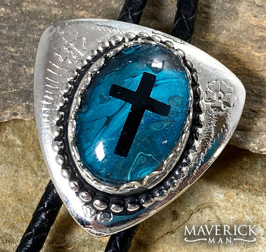 Triangular cross bolo with hand painted turquoise stone