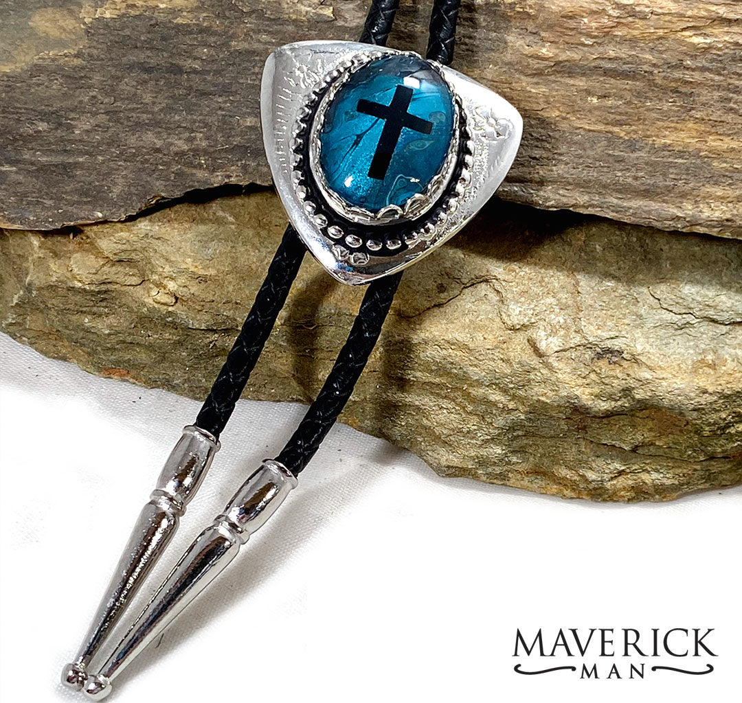 Triangular cross bolo with hand painted turquoise stone