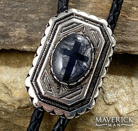 Silver toned geometric bolo with hand painted Black and Platinum stone