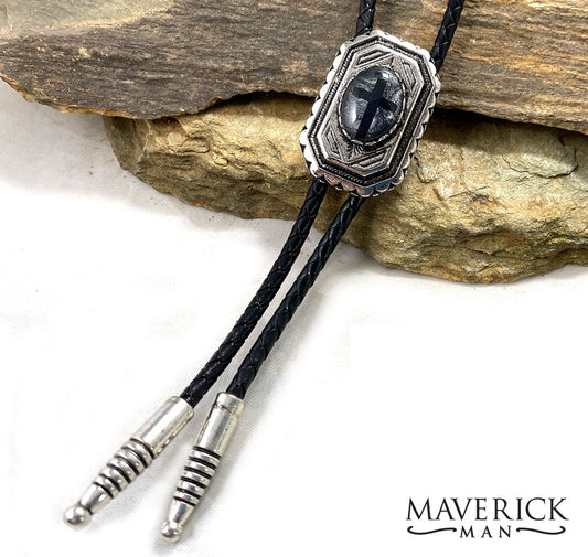 Silver toned geometric bolo with hand painted Black and Platinum stone