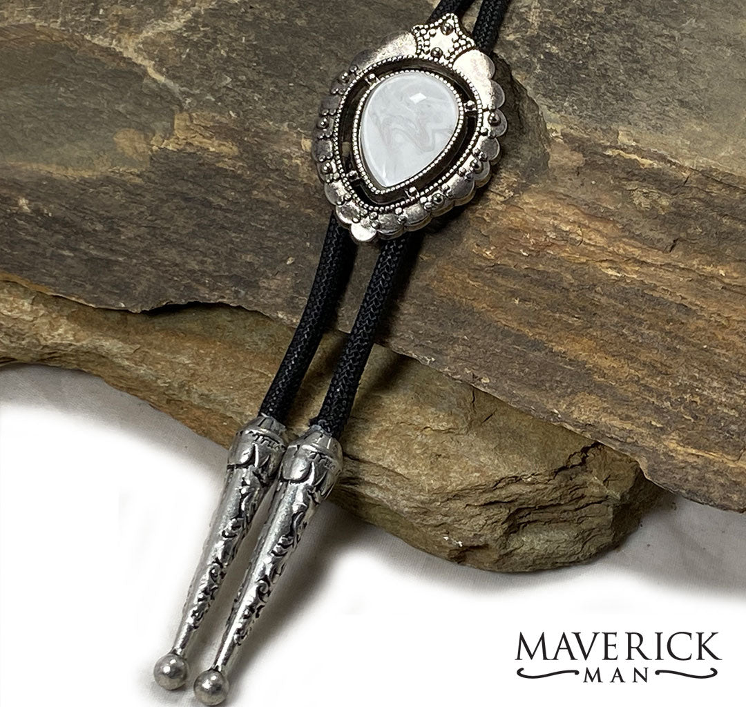 Dressy bolo with white and silver hand painted stone