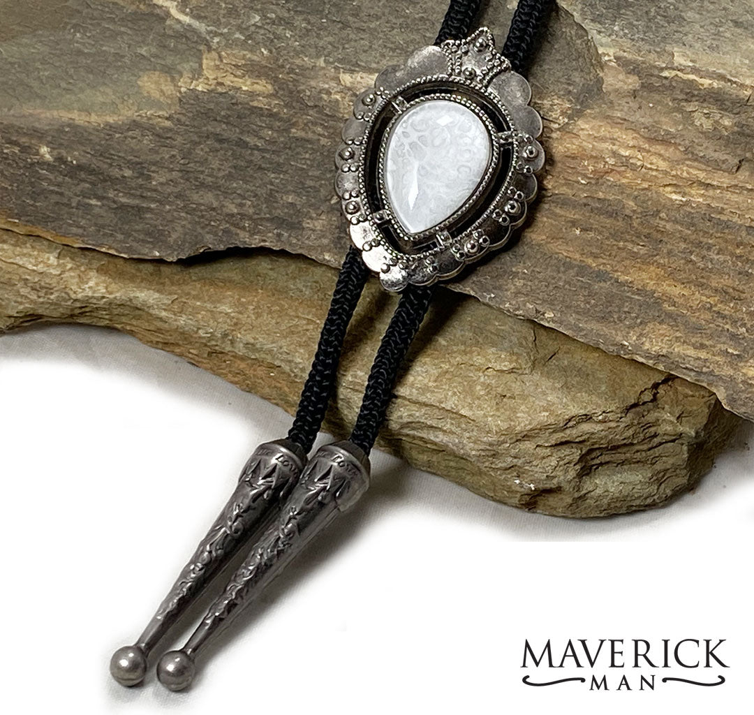 Dressy bolo with unusual white and silver hand painted stone