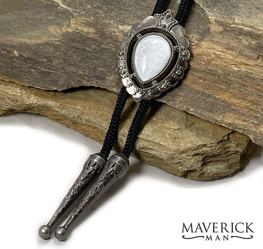 Dressy bolo with unusual white and silver hand painted stone