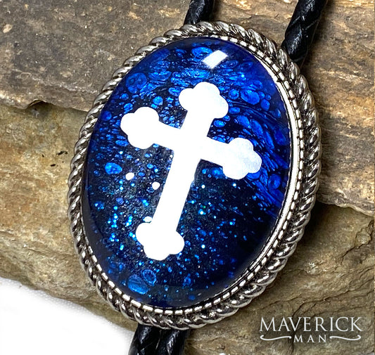 Large blue bolo with silver cross inlay