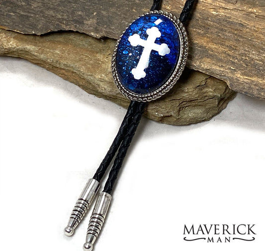 Large blue bolo with silver cross inlay