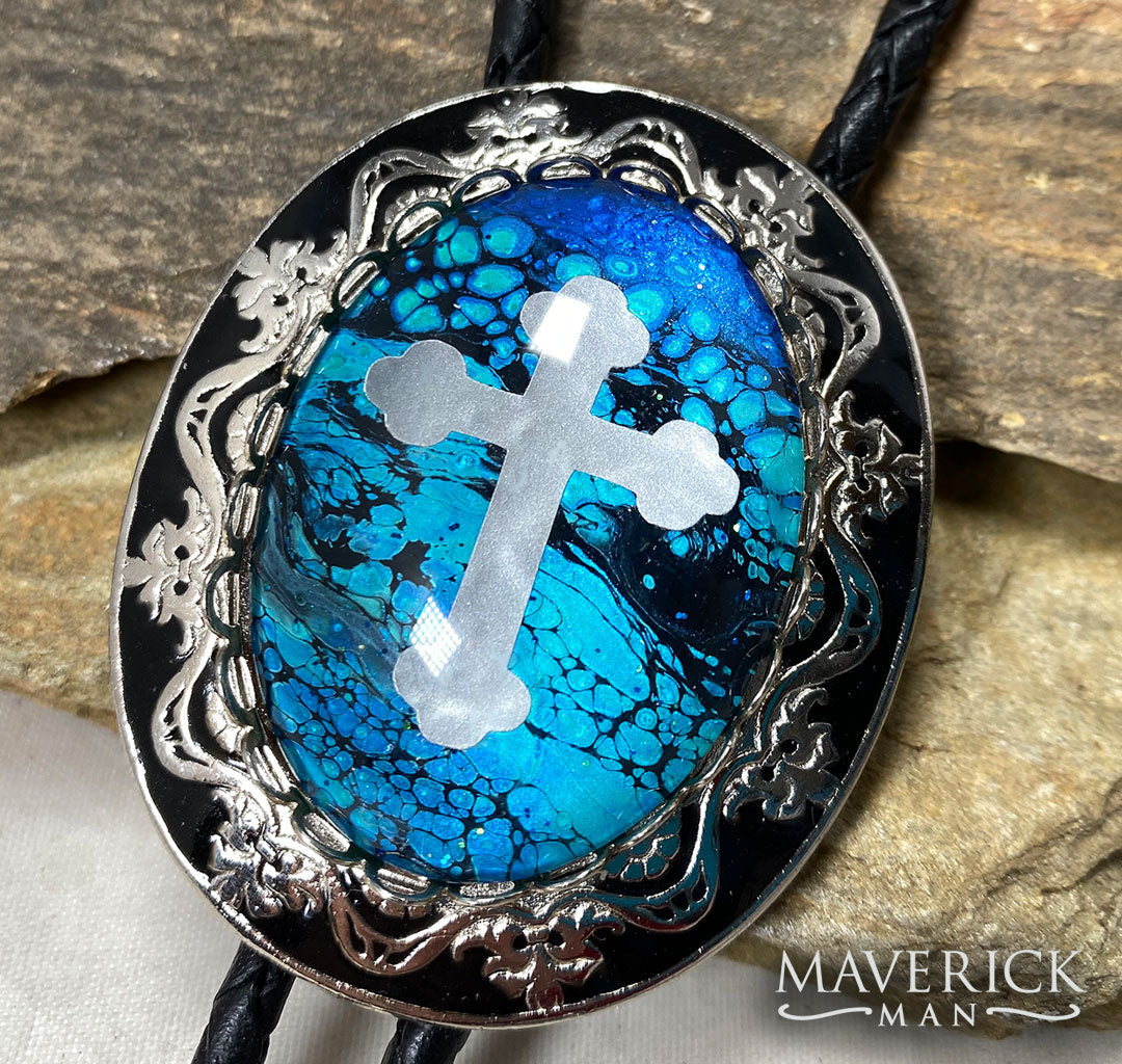 Large dressy bolo with hand painted turquoise stone and cross inlay