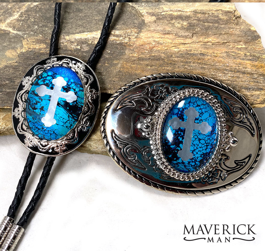Large dressy bolo with hand painted turquoise stone and cross inlay