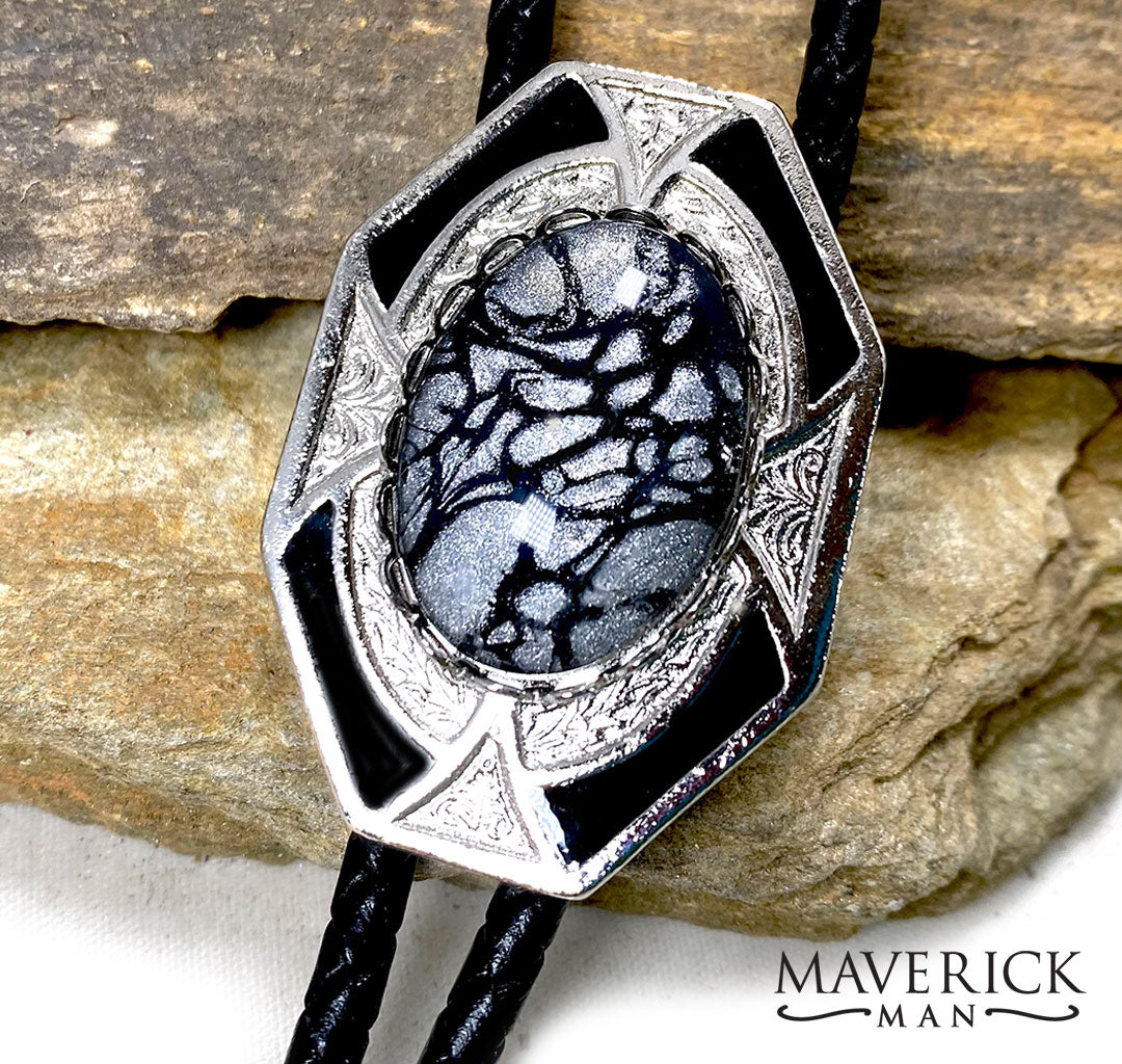 Dressy silver and black bolo with gray and black hand painted stone