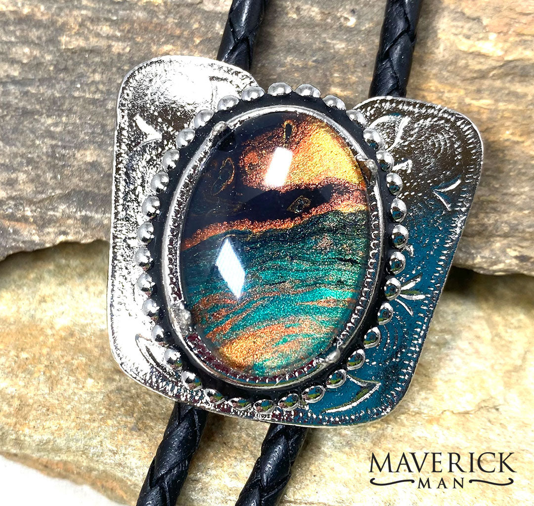 Traditional silver bolo with fabulous hand painted stone