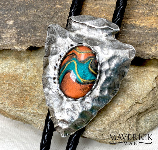Green and coral hand painted stone in silver arrowhead bolo