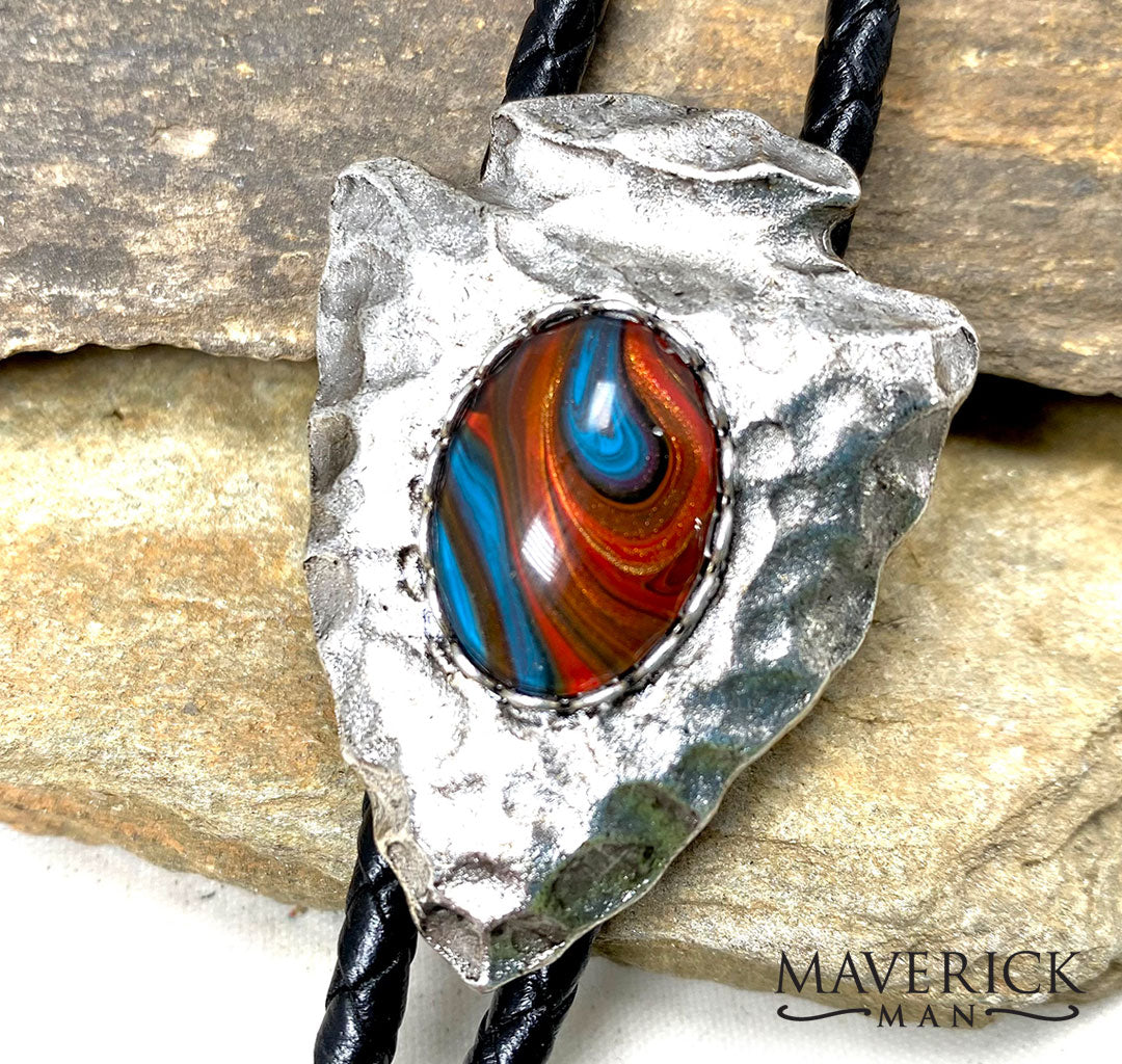 Southwestern hand painted stone in silver arrowhead bolo