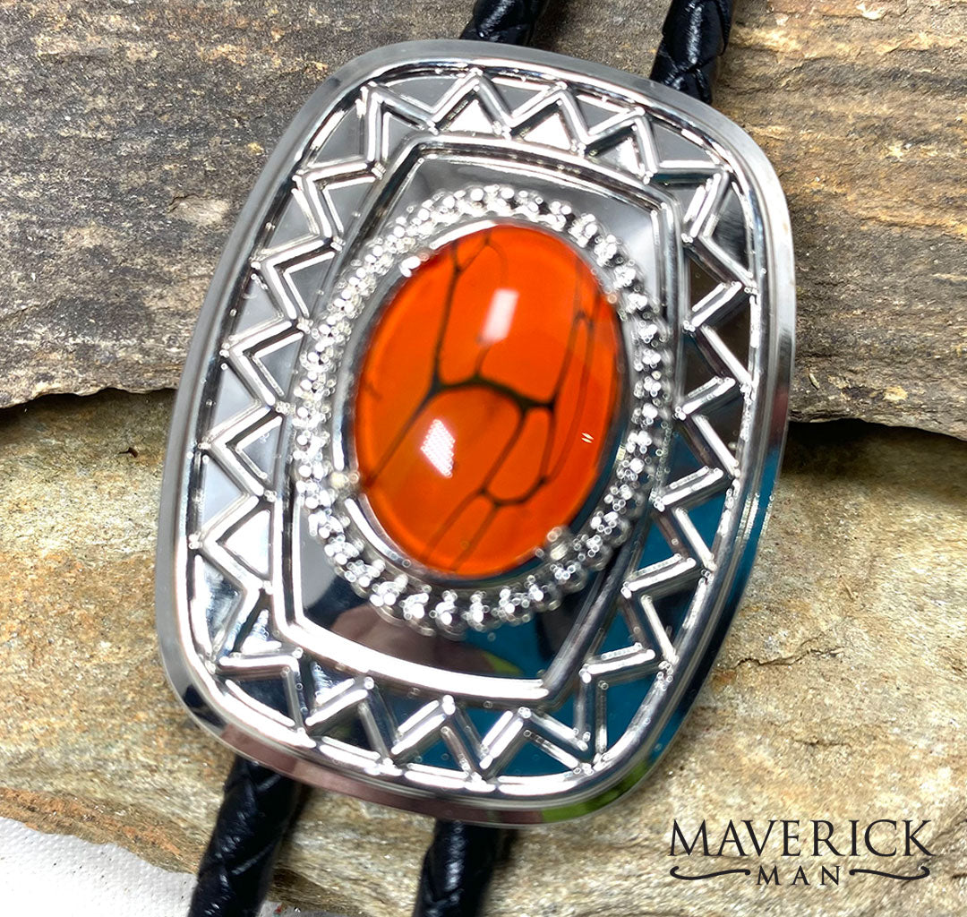 Modern silver bolo with orange and black hand painted stone