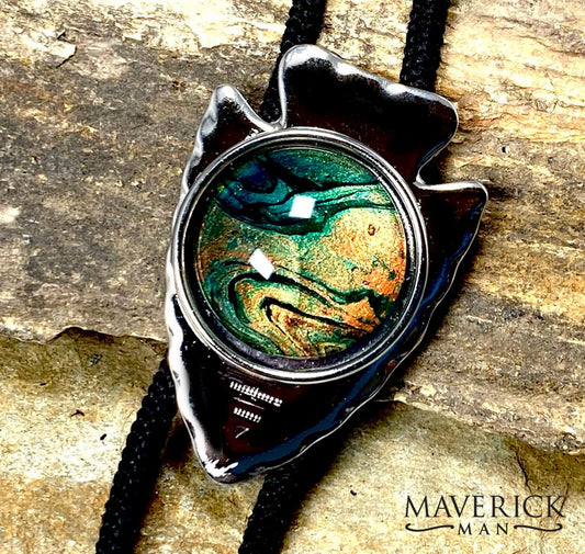 Modern arrowhead bolo with green earthtones hand painted stone