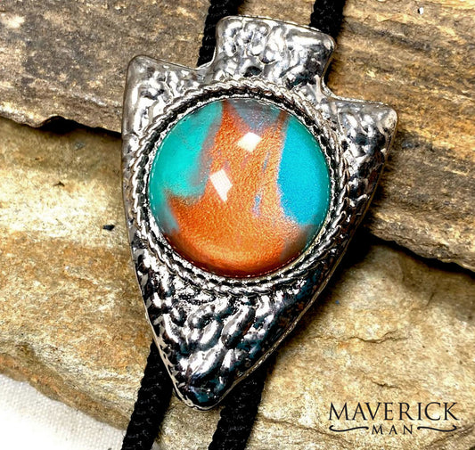 Hammered silver arrowhead bolo with turquoise and copper hand painted stone
