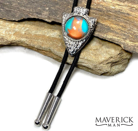 Hammered silver arrowhead bolo with turquoise and copper hand painted stone