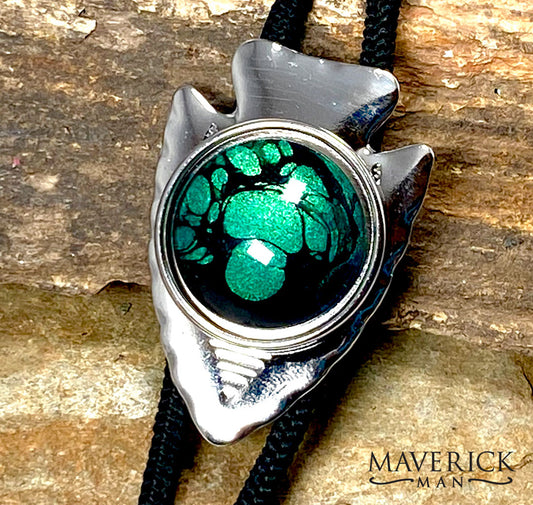 Silver arrowhead bolo with green and black hand painted stone