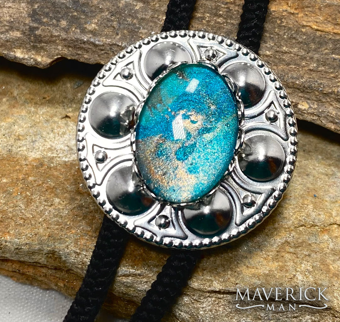 Small, modern bolo with metallic aqua and rose gold hand painted stone