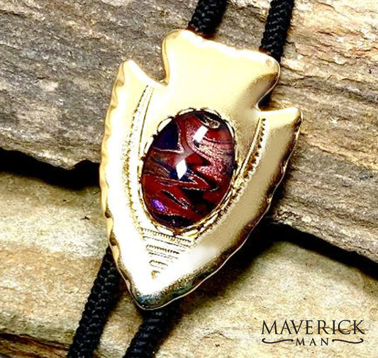 Small golden arrowhead bolo with red gold and black hand painted stone