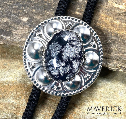 Small, modern bolo with black and platinum hand painted stone