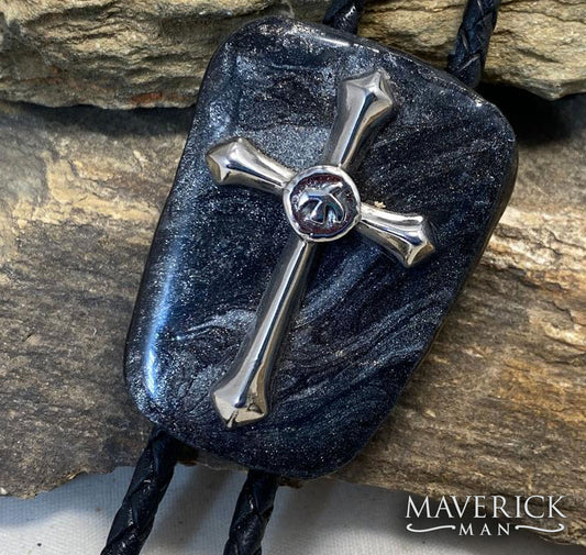 Large Christian bolo in black and platinum on slate w stainless steel cross