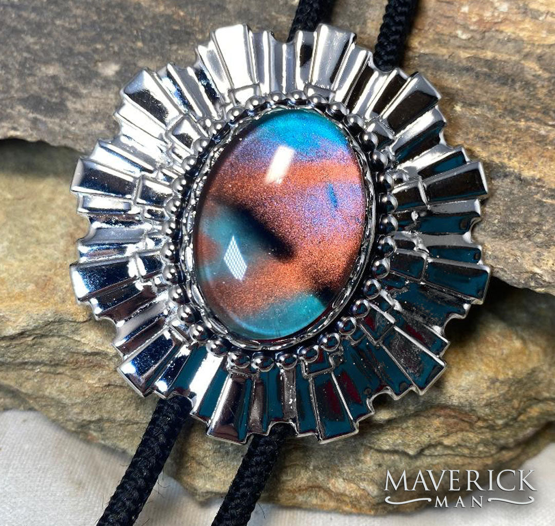 Sunburst bolo with colorful hand painted stone - turquoise copper and black