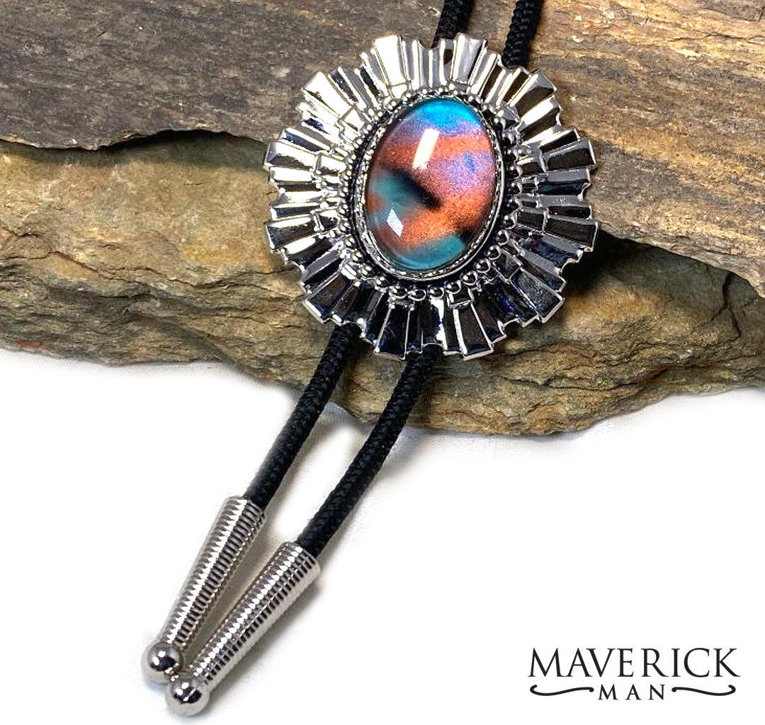 Sunburst bolo with colorful hand painted stone - turquoise copper and black